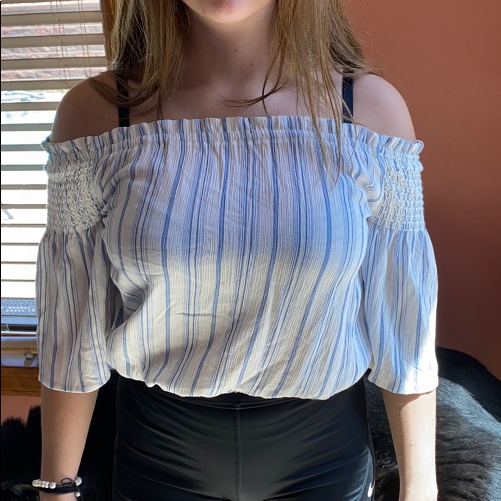 Off the shoulder Blue striped White top